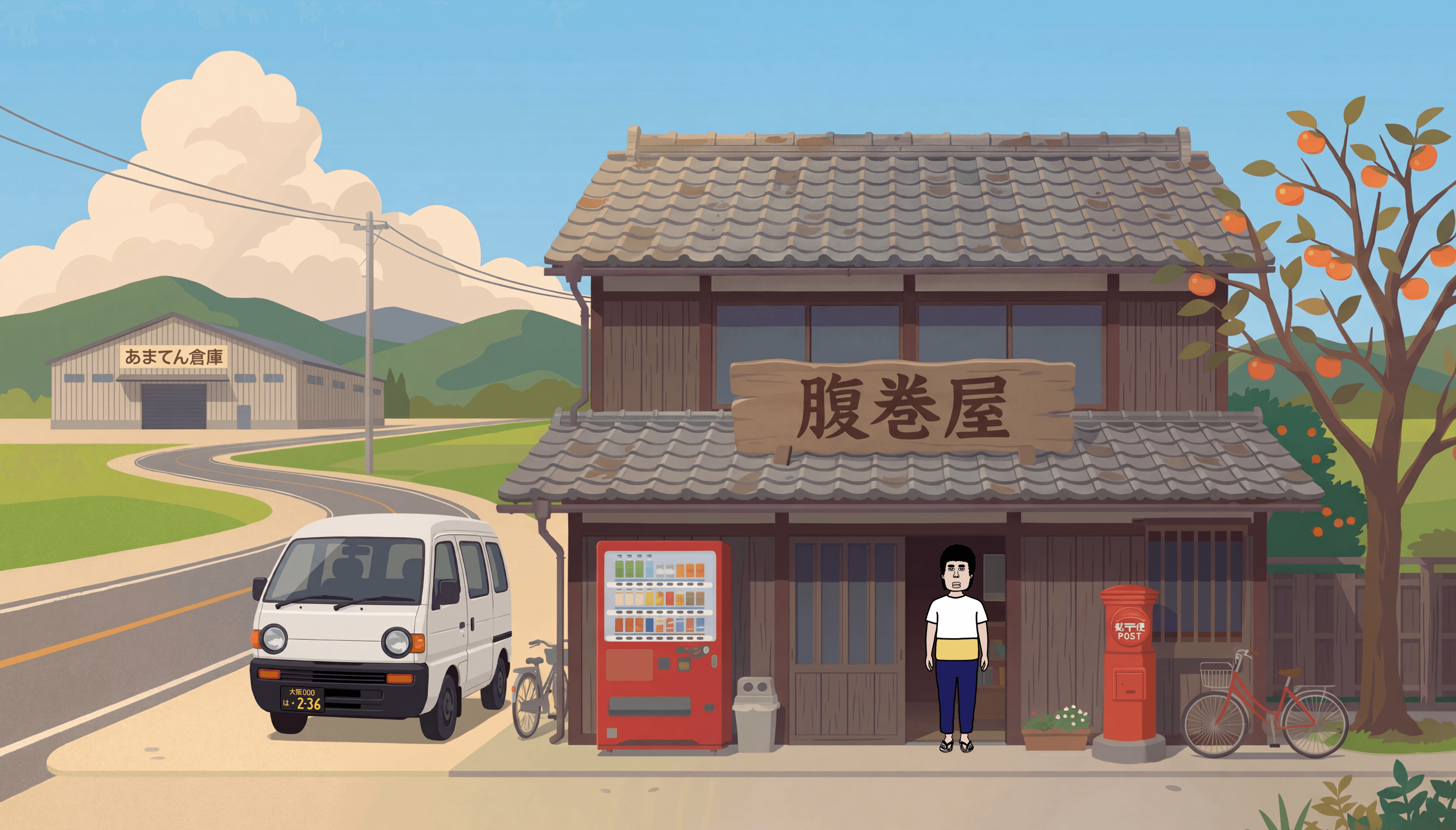 腹巻村の街並み - 腹巻商店とポスト